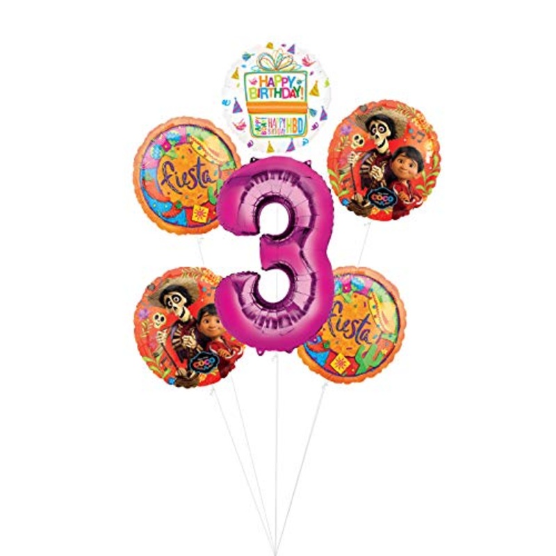 Coco Party Supplies 3rd Birthday Fiesta Balloon Bouquet Decorations - Pink Number 3