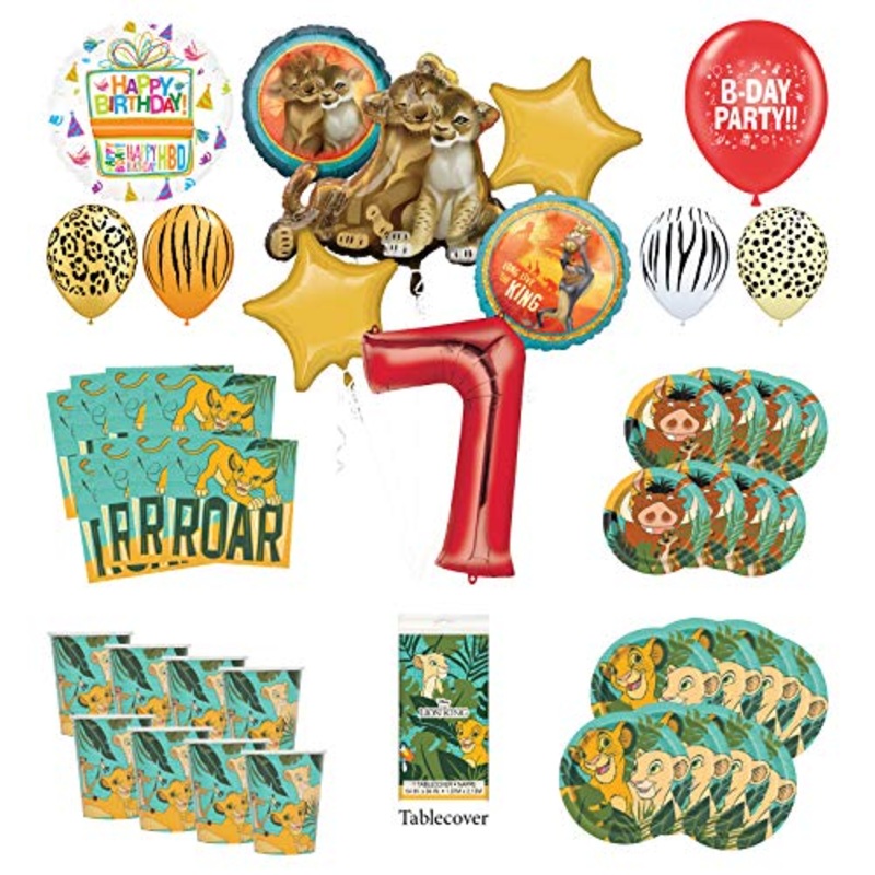 Lion King 7th Birthday Party Supplies 16 Guest Decoration Kit with Simba, Nala and Friends Balloon Bouquet