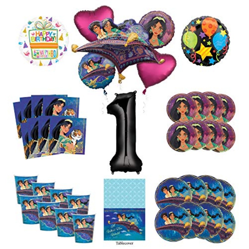 Mayflower Products Aladdin and Princess Jasmine 1st Birthday Party Supplies 8 Guest Decoration Kit and Balloon Bouquet - Black Number 1