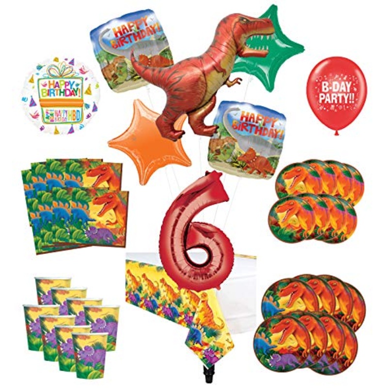 Mayflower Products Dinosaur 6th Birthday Party Supplies 8 Guest Decoration Kit and Prehistoric T-Rex Balloon Bouquet