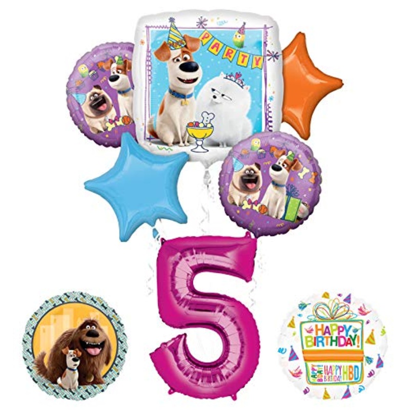 Mayflower Products Secret Life of Pets Party Supplies 5th Birthday Balloon Bouquet Decorations - Pink Number 5