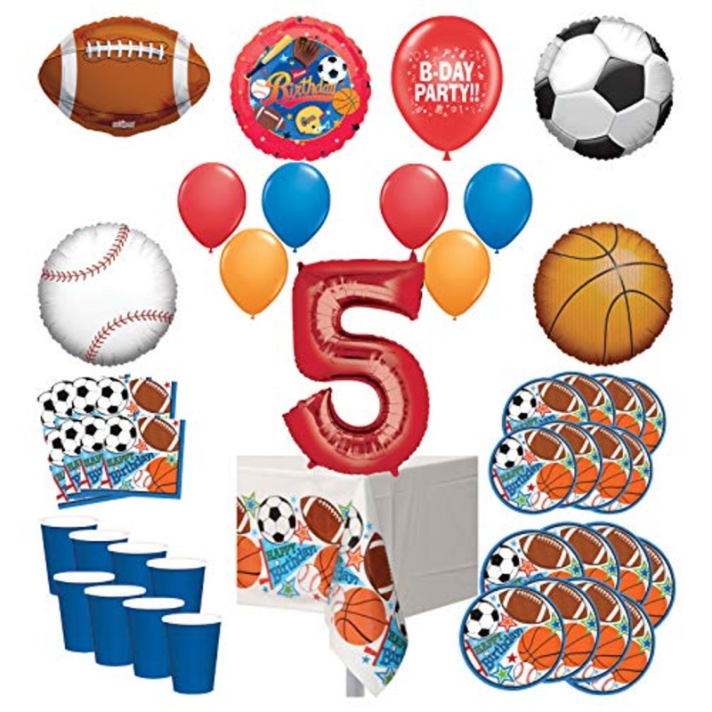 Mayflower Products Sports Theme 5th Birthday Party Supplies 8 Guest Entertainment kit and Balloon Bouquet Decorations - Red Number 5