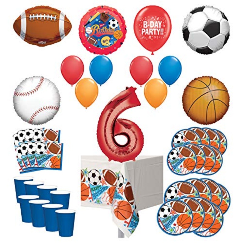Mayflower Products Sports Theme 6th Birthday Party Supplies 8 Guest Entertainment kit and Balloon Bouquet Decorations - Red Number 6