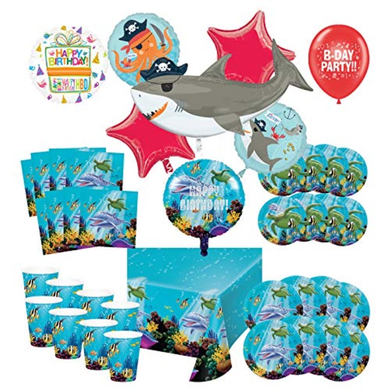 Mayflower Products Under The Sea Birthday Party Supplies 8 Guest Entertainment kit and Pirate Ocean Animals Balloon Bouquet Decorations