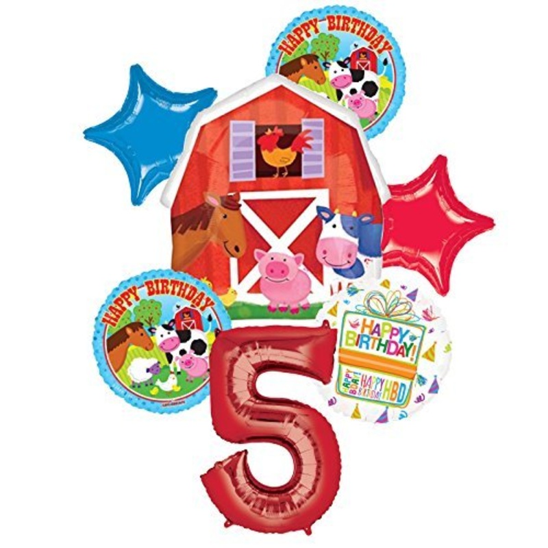 Farm Animal 5th Birthday Party Supplies and Barn Balloon Bouquet Decorations