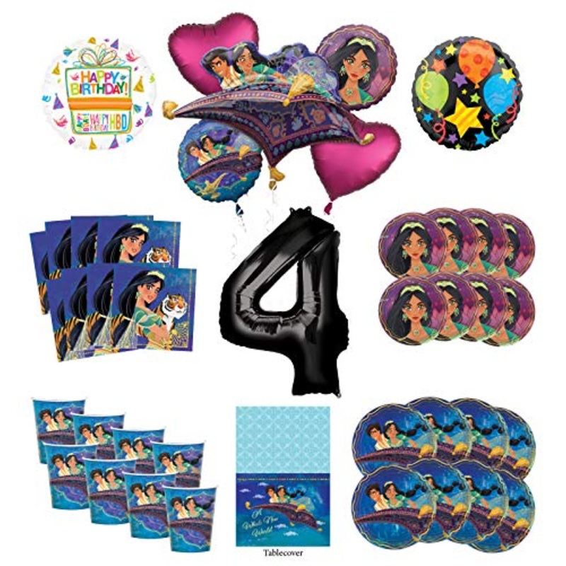 Mayflower Products Aladdin and Princess Jasmine 4th Birthday Party Supplies 8 Guest Decoration Kit and Balloon Bouquet - Black Number 4