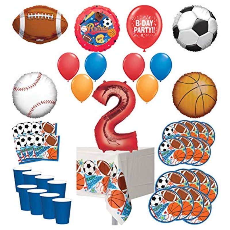 Mayflower Products Sports Theme 2nd Birthday Party Supplies 8 Guest Entertainment kit and Balloon Bouquet Decorations - Red Number 2