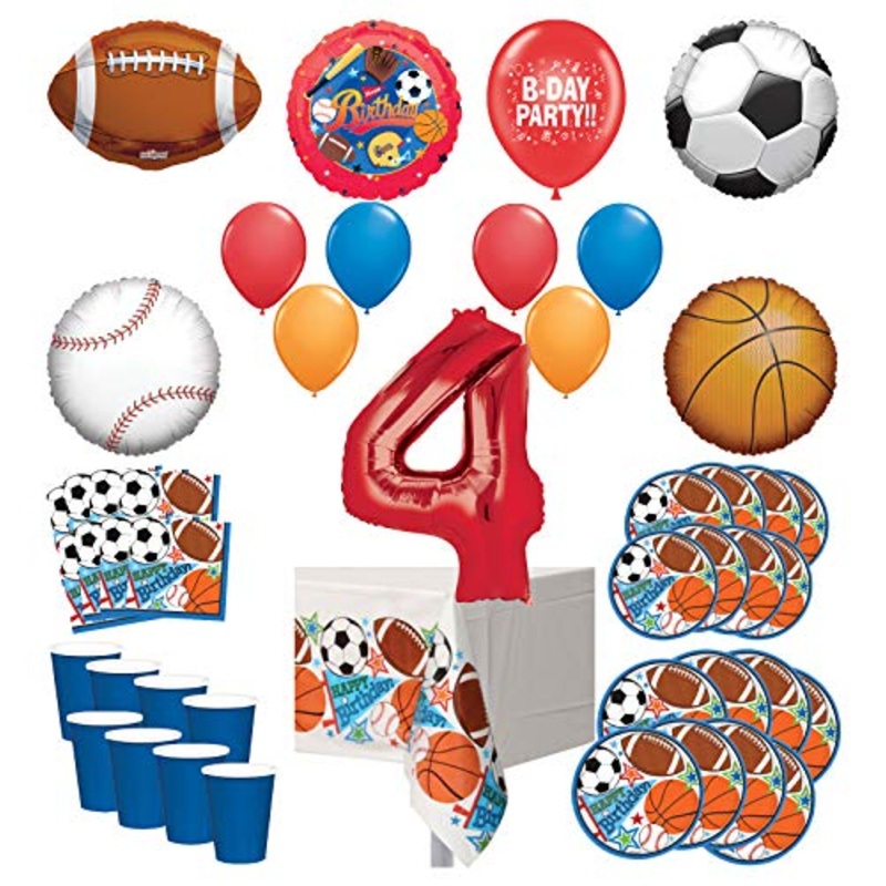 Mayflower Products Sports Theme 4th Birthday Party Supplies 8 Guest Entertainment kit and Balloon Bouquet Decorations - Red Number 4