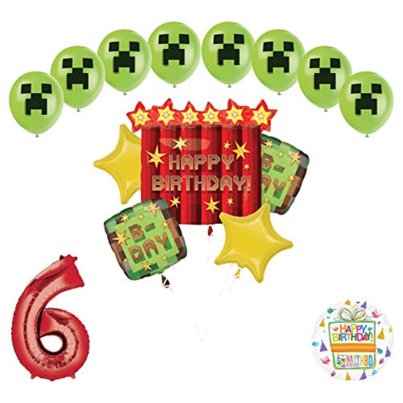 Miner Pixelated TNT Video Game 6th Birthday Balloon Bouquet Decorations