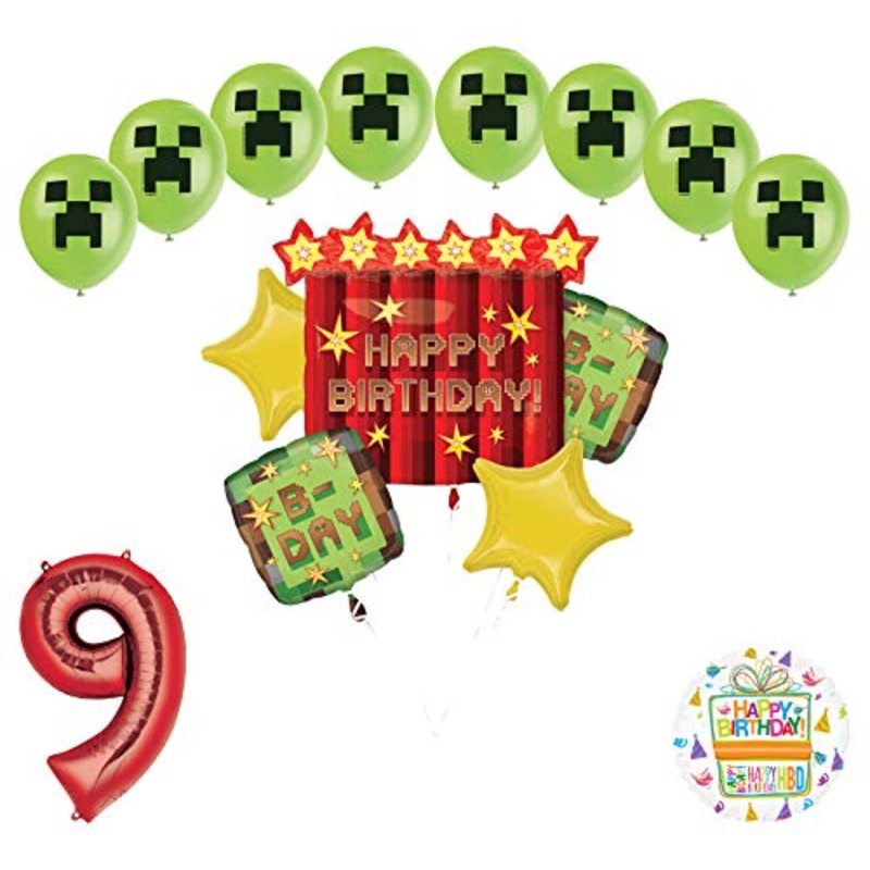 Miner Pixelated TNT Video Game 9th Birthday Balloon Bouquet Decorations
