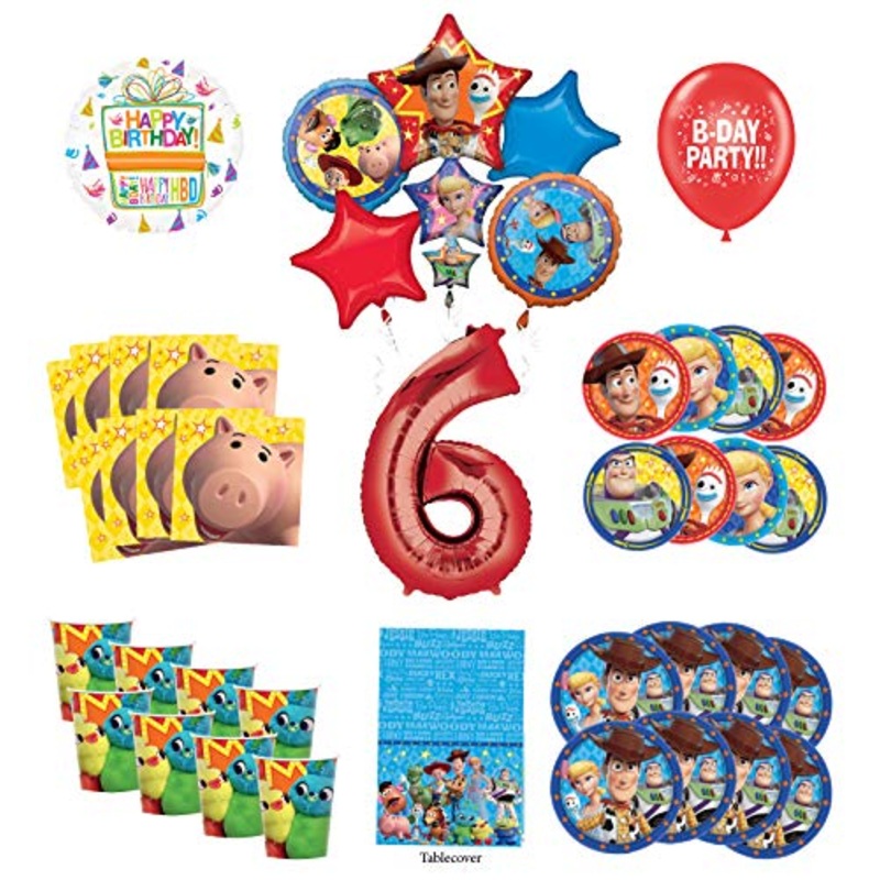 Toy Story 6th Birthday Party Supplies 16 Guest Decoration Kit with Woody, Buzz Lightyear and Friends Balloon Bouquet