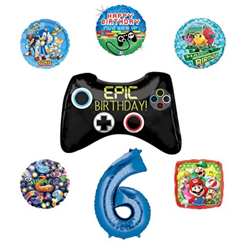 Video Gamers 6th Birthday Party Supplies and Balloon Decorations (Sonic, Super Mario, Pac Man and Slither.io)