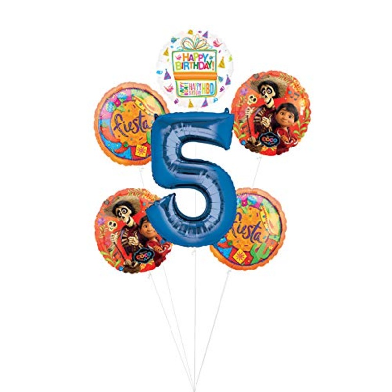 Coco Party Supplies 5th Birthday Fiesta Balloon Bouquet Decorations - Blue Number 5