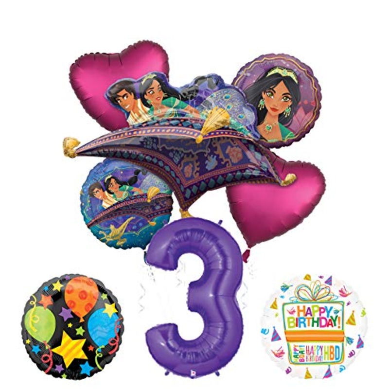 Mayflower Products Aladdin 3rd Birthday Party Supplies Princess Jasmine Balloon Bouquet Decorations - Purple Number 3