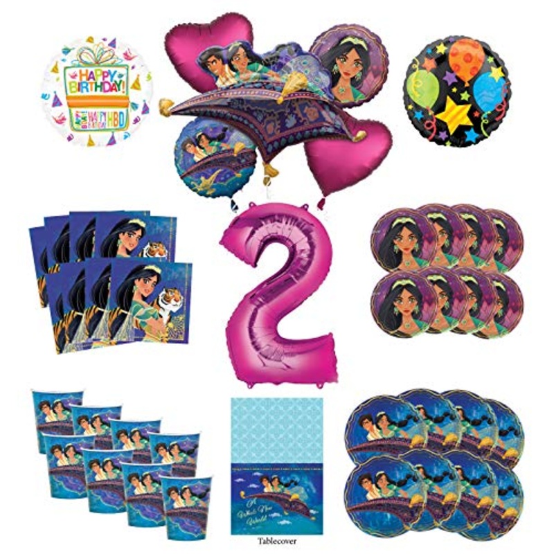Mayflower Products Aladdin and Princess Jasmine 2nd Birthday Party Supplies 8 Guest Decoration Kit and Balloon Bouquet - Pink Number 2