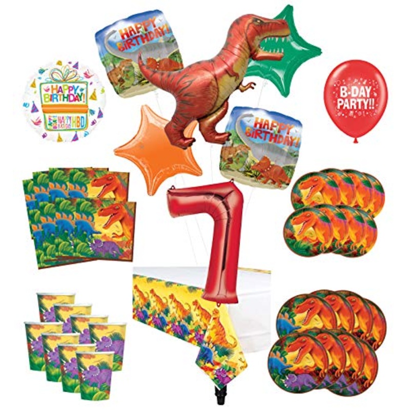 Mayflower Products Dinosaur 7th Birthday Party Supplies 8 Guest Decoration Kit and Prehistoric T-Rex Balloon Bouquet