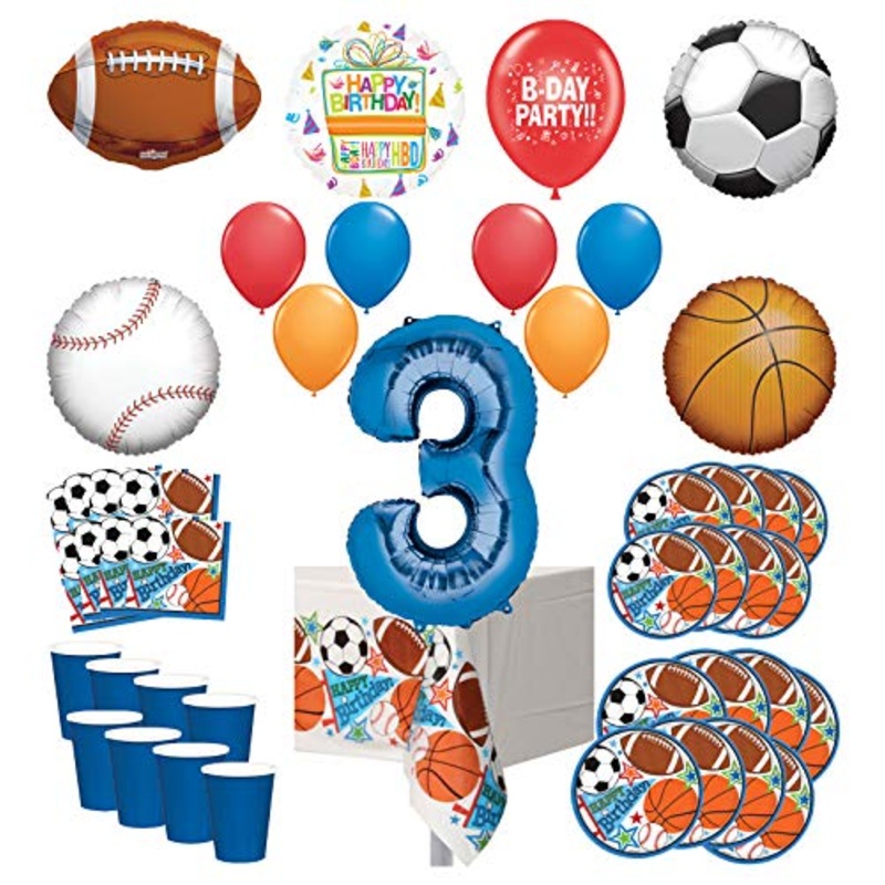 Mayflower Products Sports Theme 3rd Birthday Party Supplies 8 Guest Entertainment kit and Balloon Bouquet Decorations - Blue Number 3