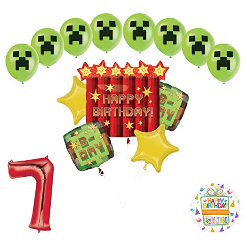 Miner Pixelated TNT Video Game 7th Birthday Balloon Bouquet Decorations