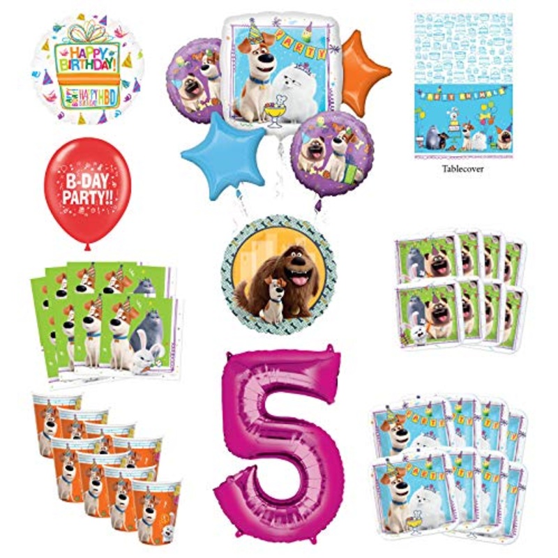 Secret Life of Pets 5th Birthday Party Supplies 8 Guest kit and Balloon Bouquet Decorations - Pink Number 5