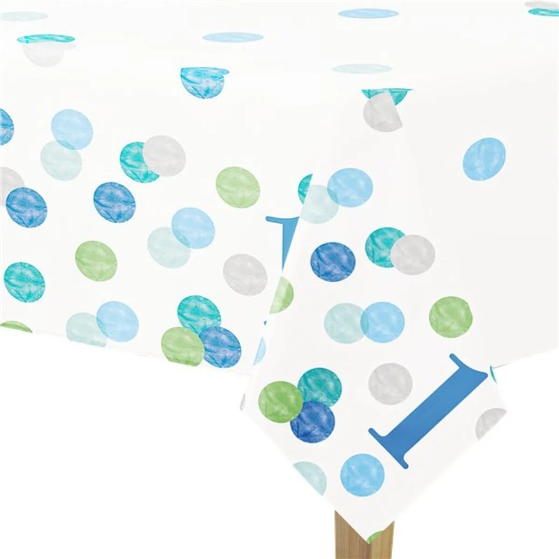 Blue Dots 1st Birthday Plastic Table Cover, 54" x 84"