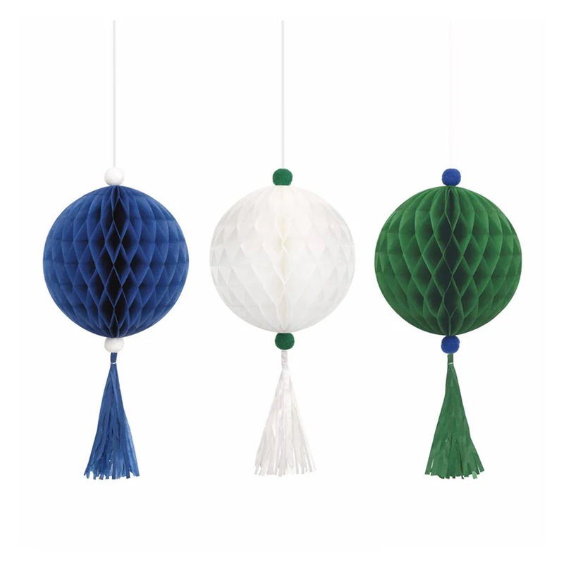 Blue White & Green Tissue Ball and Tassel Ornament Decorations Kit