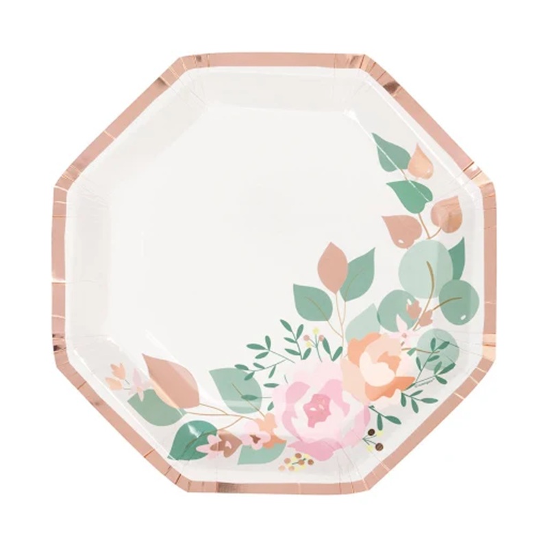 Pink Blooms Octagon Shaped 9.25" Plates, 8ct - Foil Stamping
