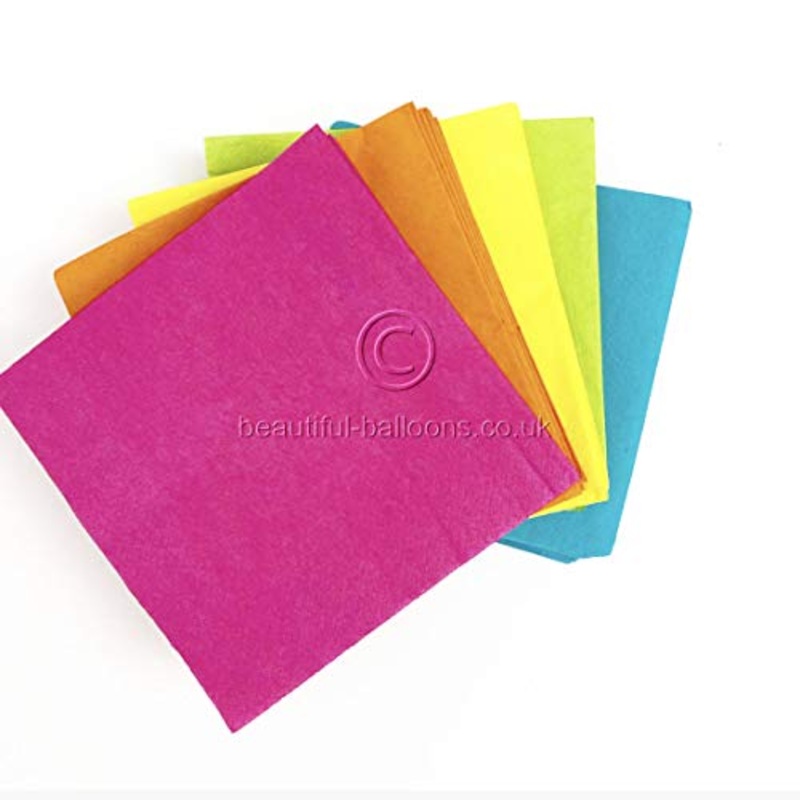 100 x Neon Rainbow Lunch Napkins - fluorescent Disco 80s