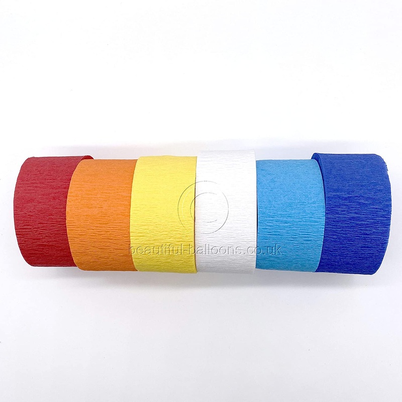 6 x Circus Shade Range Crepe Paper Roll Kit - Red, Orange, Yellow, White, Baby Blue & Royal Blue