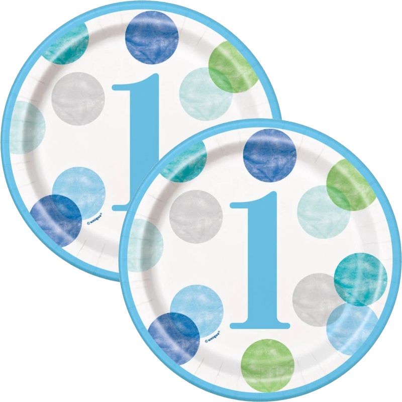 Blue Dots 1st Birthday Round Dessert Plates 7", 8ct