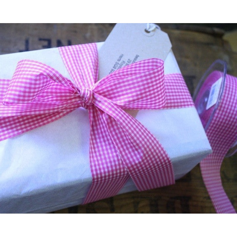 Gingham Ribbon Pink , Designer Cut Edge, 38mm