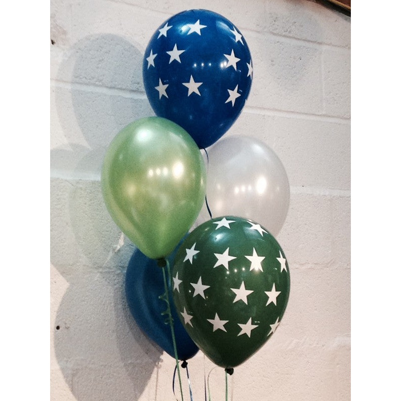Pearlised Balloons, Blue & Green Stars, Navy Blue, Green & White (Helium Quality)
