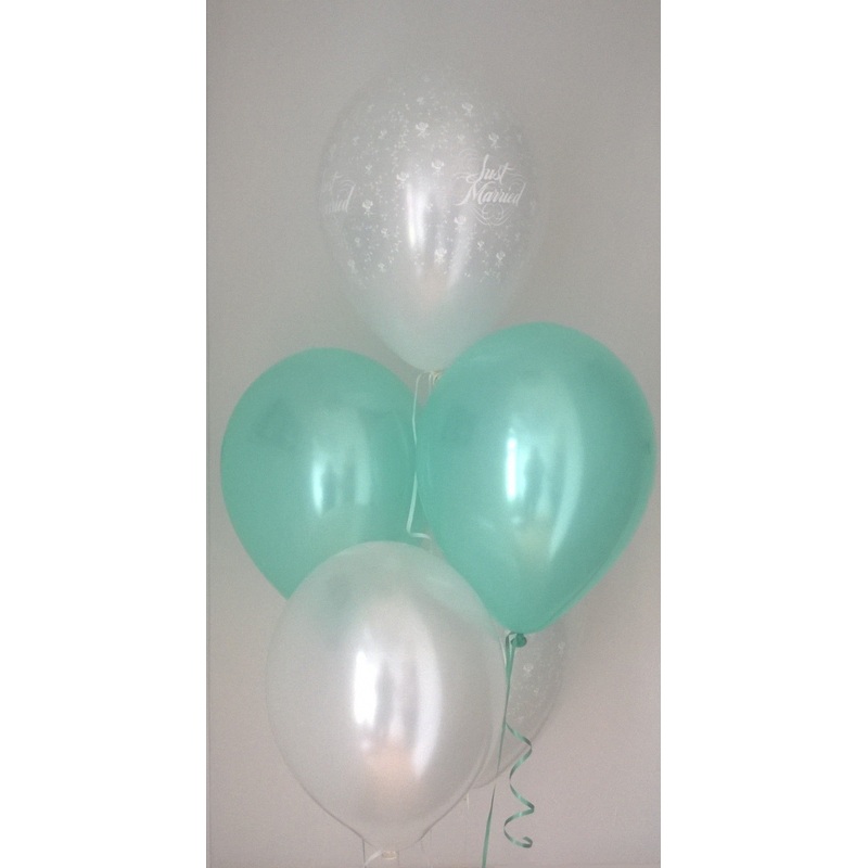 Aqua Pearlised Just Married Wedding Range Latex Balloons with Curling Ribbon
