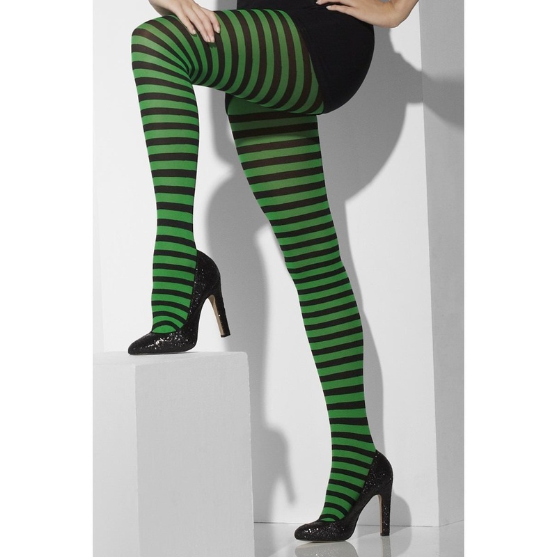 Green and black opaque striped tights
