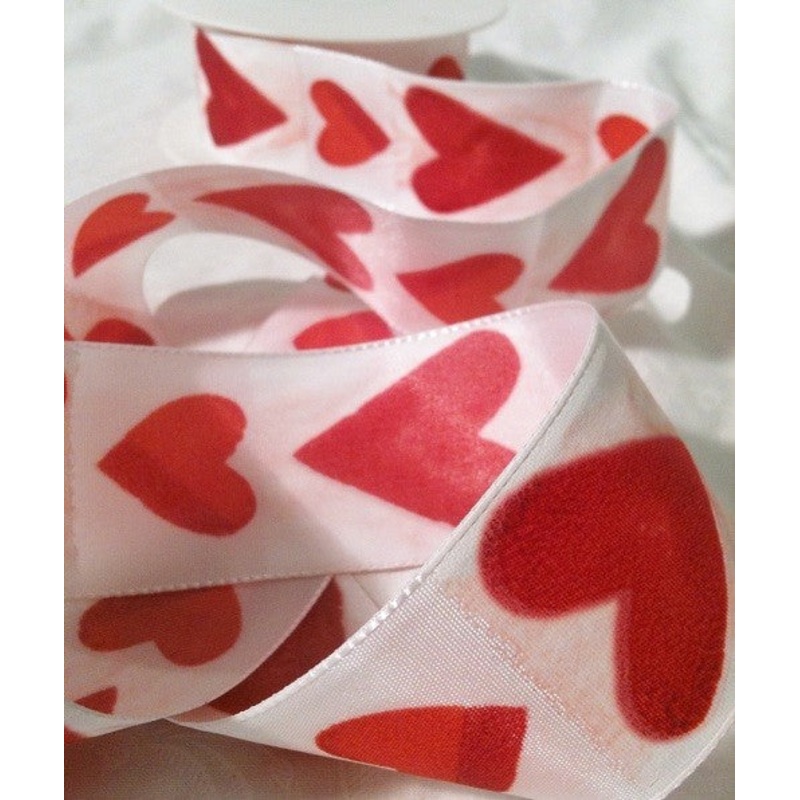 Heart Ribbon, White Ribbon with Red Hearts, 5m x 40mm