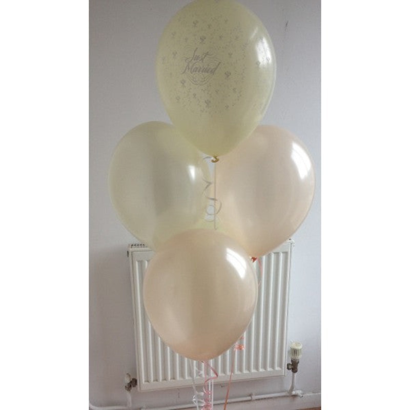Ivory and Peach Blush Pearlised Just Married Wedding Range Latex Balloons with Curling Ribbon