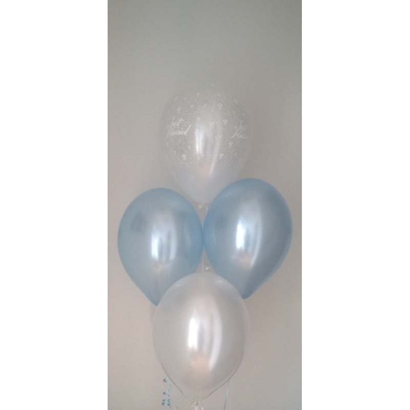 Ivory and Powder Blue Pearlised Just Married Wedding Range Latex Balloons with Curling Ribbon