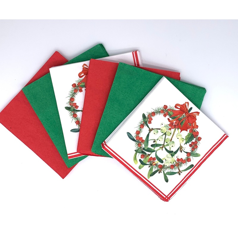 100x Red, Green, and Mistletoe-wreath Napkins for Christmas
