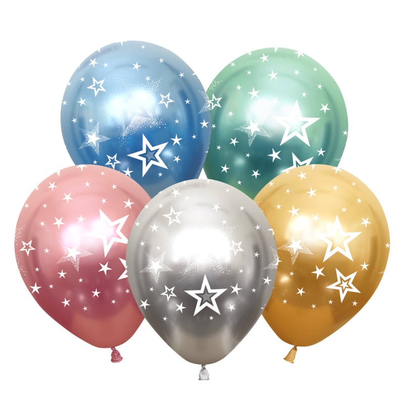 12" Mirror Stars All Around Assorted Latex Balloons (25 Per Bag) 5 Side Print