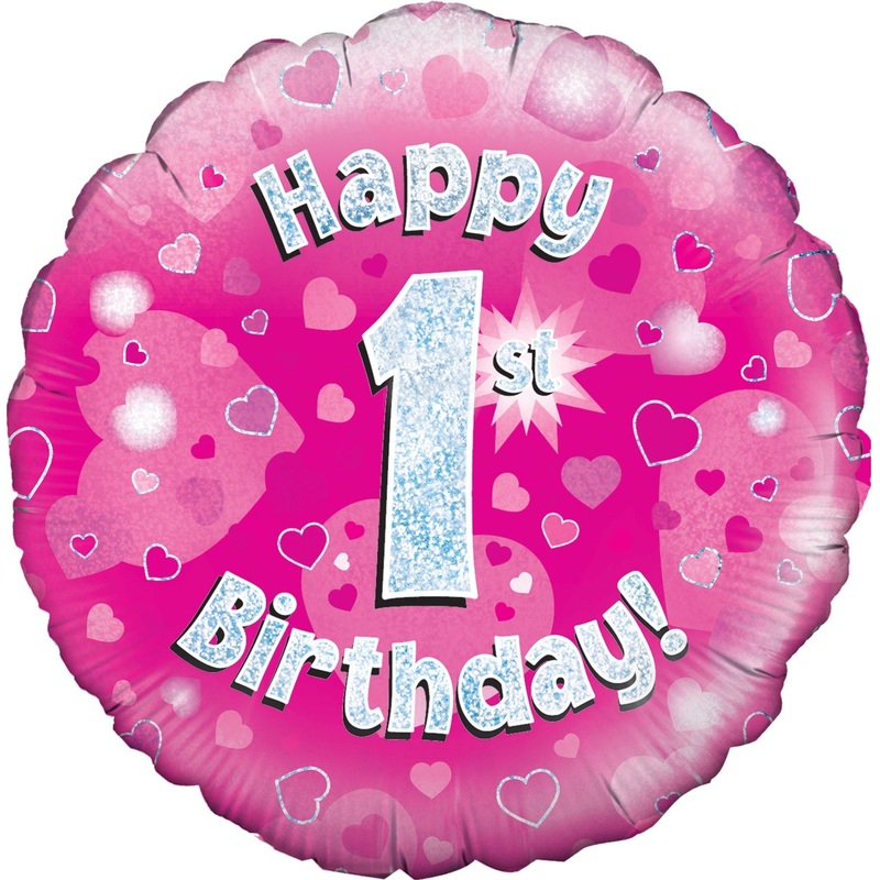 18" Happy 1st Birthday Pink Holographic Oaktree Foil Balloon