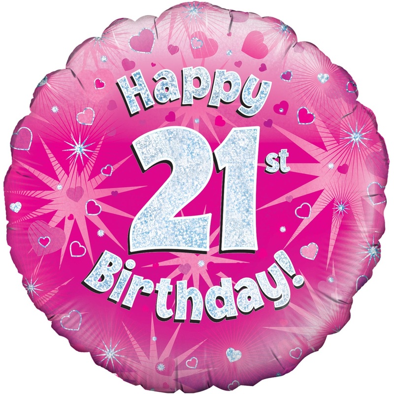 18" Happy 21st Birthday Pink Holographic Oaktree Foil Balloon