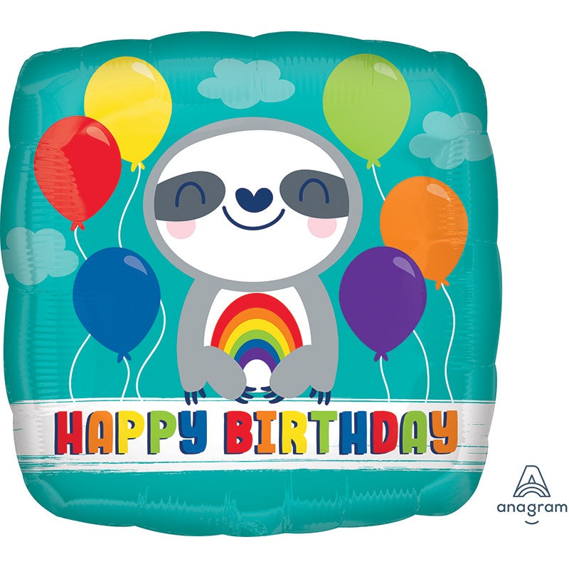 18" Happy Birthday Sloth with Rainbow Foil Balloon