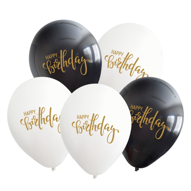 12" Happy Birthday Black/White Balloons Gold Print Latex Balloons (25 Per Bag) 2 Side Print