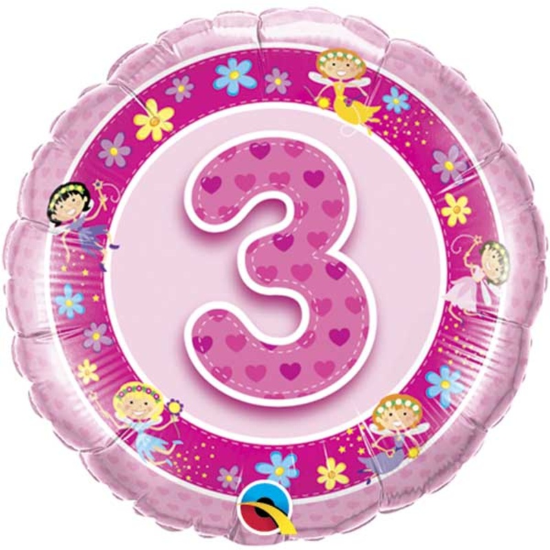 18" Age 3 Pink Fairies Mylar Balloon