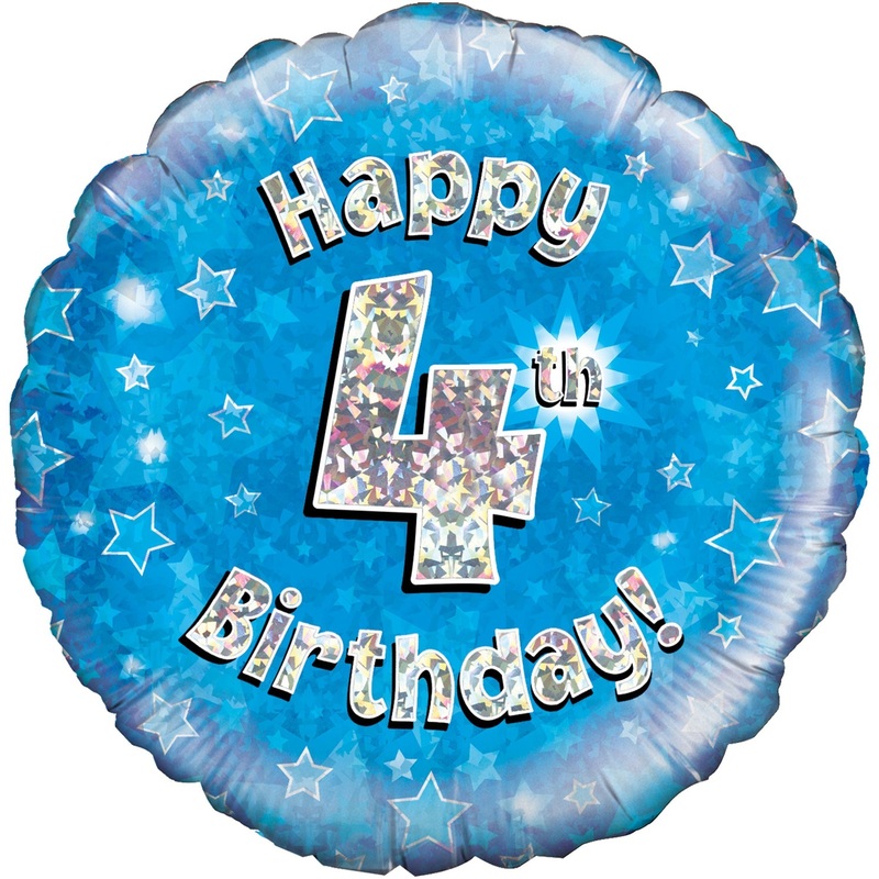 18" Happy 4th Birthday Blue Holographic Oaktree Foil Balloon