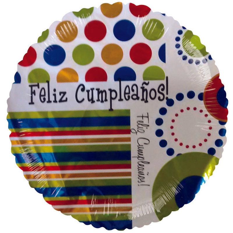 9" Airfill Only Feliz Cumpleanos Dots and Stripes Balloon (Spanish)