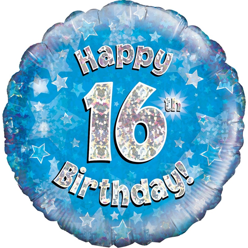 18" Happy 16th Birthday Blue Holographic Oaktree Foil Balloon