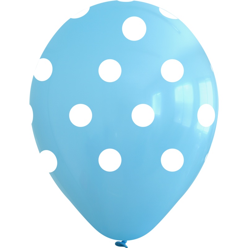 12" Light Blue Polka Dots All Around Latex Balloons (25 Per Bag) 5 Side Print