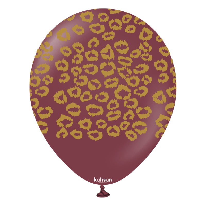 12" Safari Leopard Burgundy (Gold) Printed Kalisan Latex Balloons (25 Per Bag)