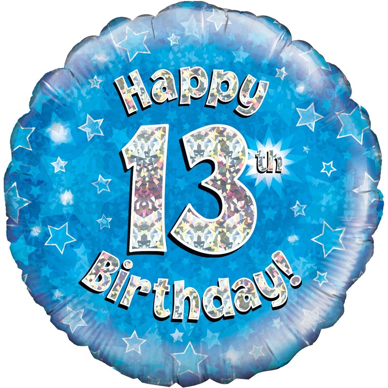 18" Happy 13th Birthday Blue Holographic Oaktree Foil Balloon