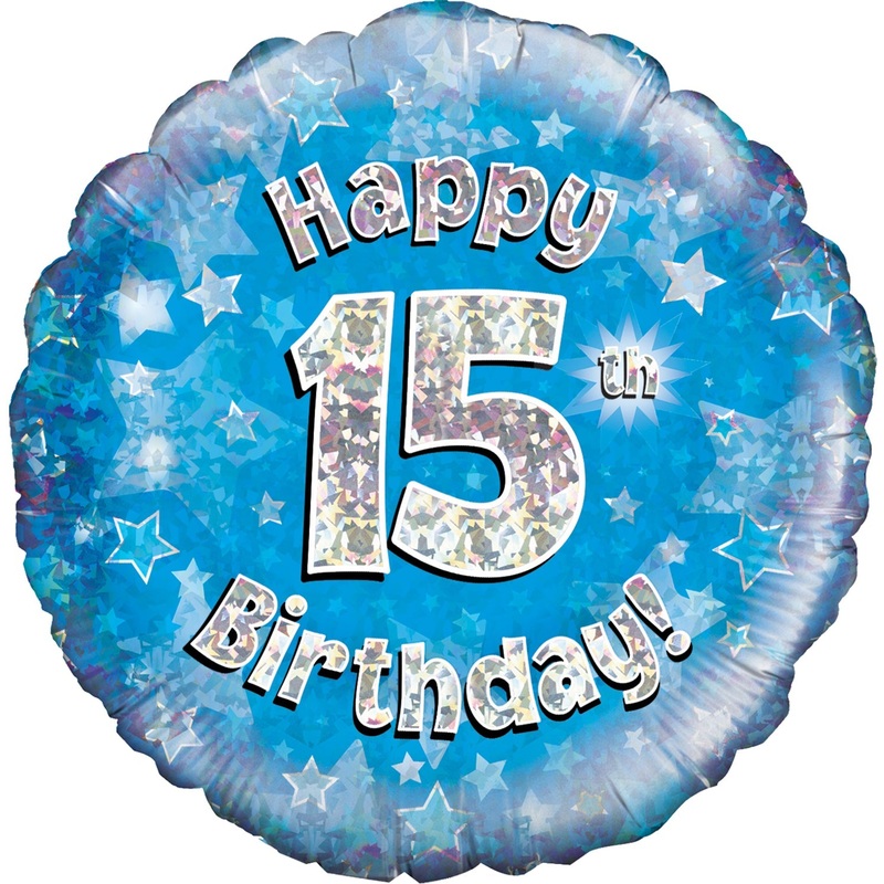 18" Happy 15th Birthday Blue Holographic Oaktree Foil Balloon